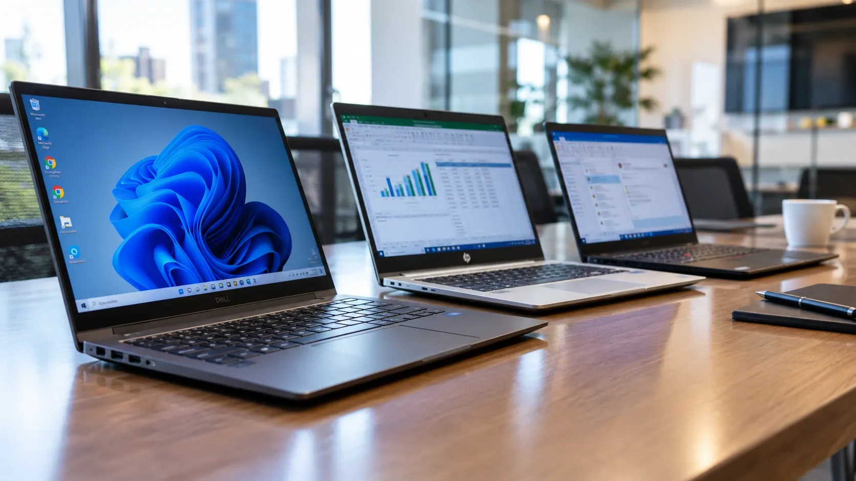 Computadores portátiles e impresora de oficina listos para entregar en alquiler