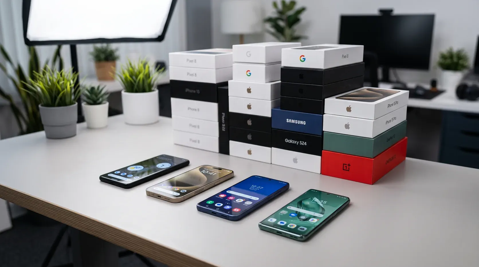 Cuatro celulares nuevos encendidos sobre una mesa de oficina, con las cajas selladas apiladas detrás