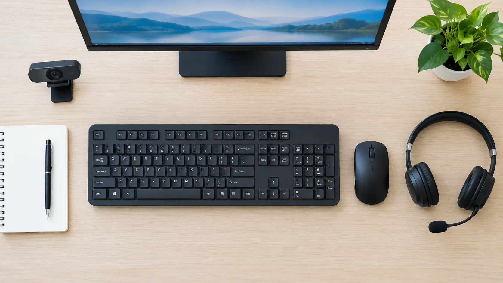 Puesto de trabajo visto desde arriba con teclado, mouse, diadema, cámara web y monitor