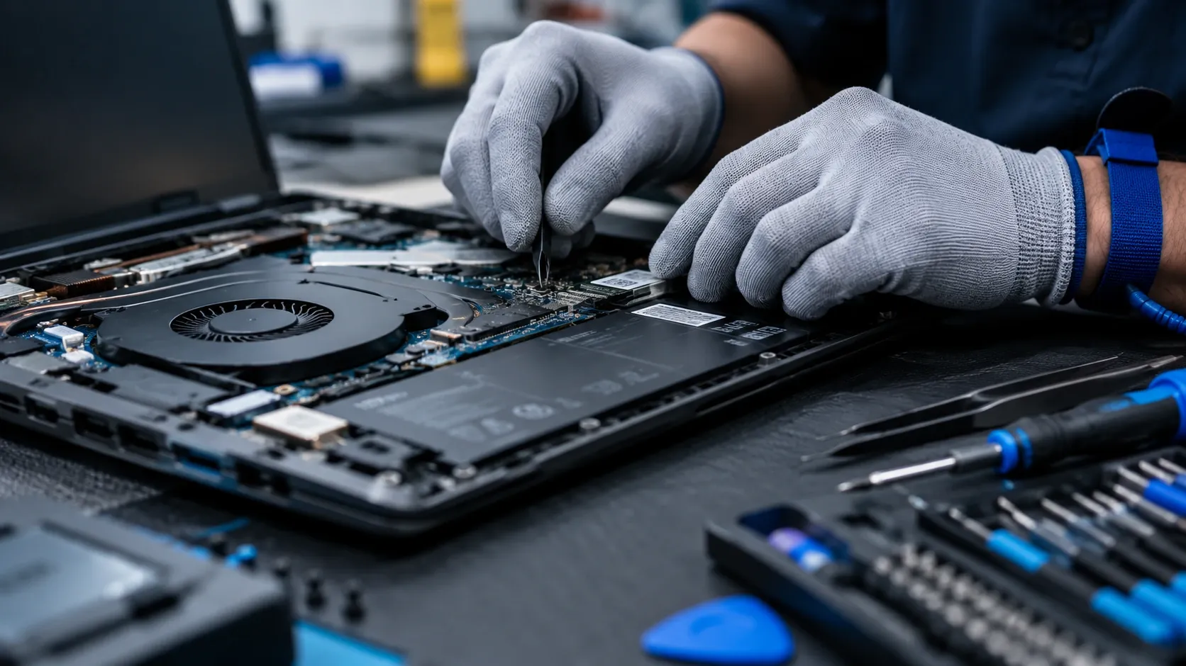 Técnico con guantes antiestáticos interviniendo la placa de un portátil abierto