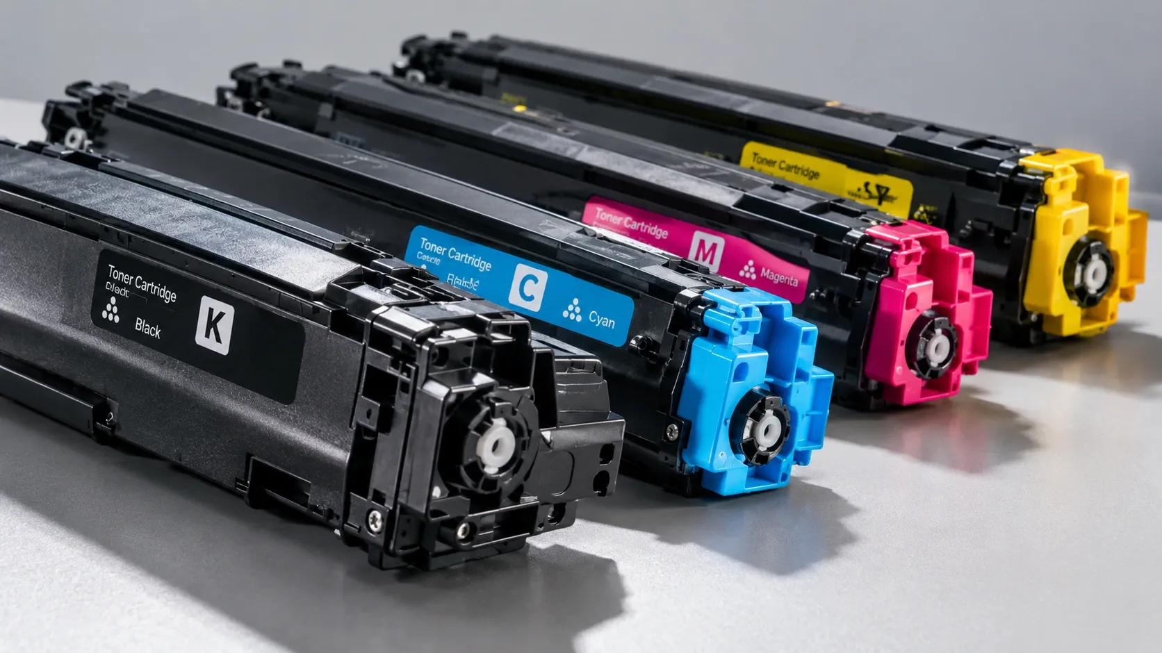 Cartuchos de tóner negro, cian, magenta y amarillo alineados sobre una superficie de trabajo