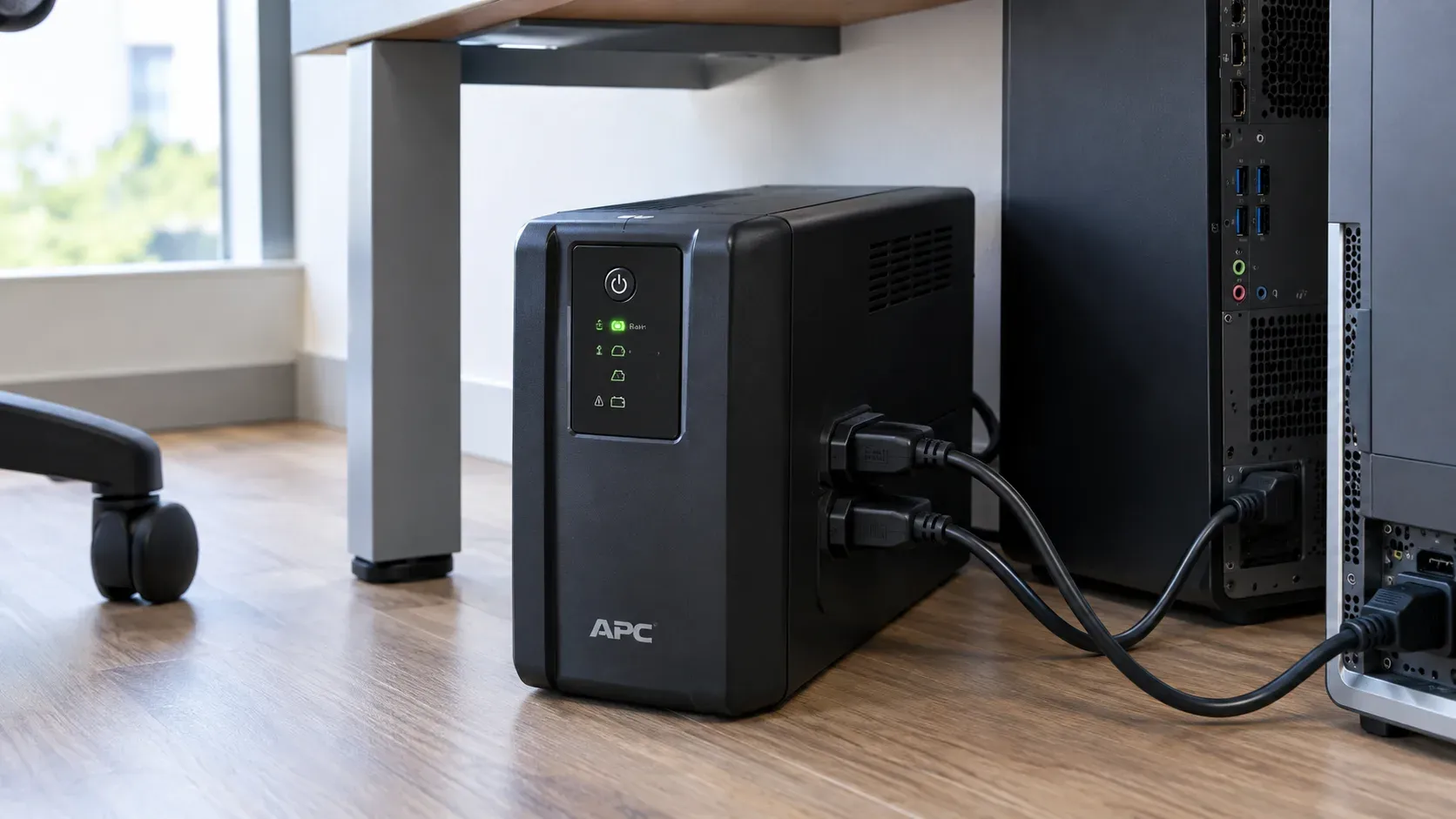 UPS de oficina en el piso bajo un escritorio, con los cables de un computador de torre conectados a sus tomas